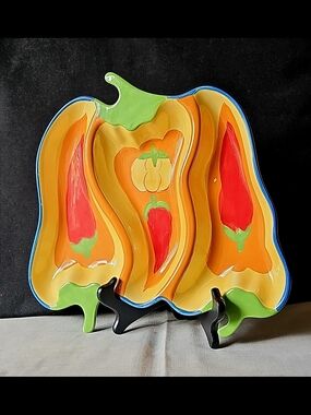 Gibson Hand-Painted Ceramic Relish Dish / Appetizer Tray Large Pepper Plate